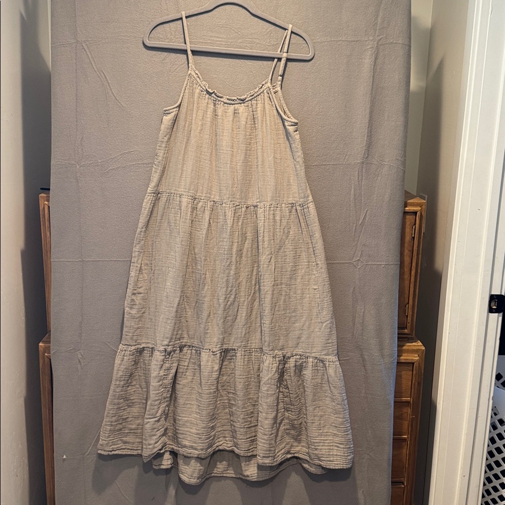 Anthropologie Daily Practice Gauzy Tiered Midi Dress in Moss Green